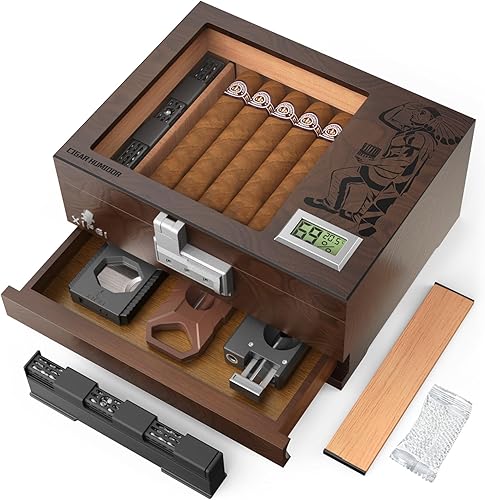 Miniatura 8 de Caja de humidor para puros XIFEI, estuche de escritorio de madera de cedro con higrómetro digital, humidificador, divisor, cajón de accesorios