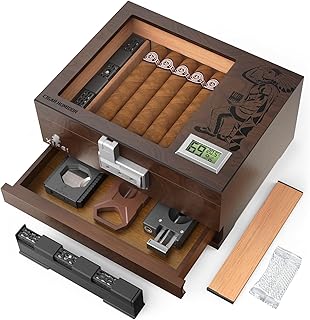 XIFEI Cigar Humidor, Glass Top Humidor Box with Digital Hygrometer, Humidifier, Accessories Drawer, Divider, Cedar Wood Desktop Humidors Case with Combination Lock, Gift for Cigar Lovers (Walnut)