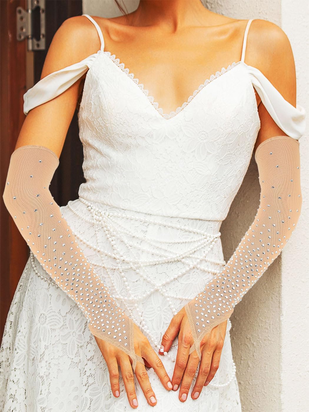 REETAN Rhinestone Fingerless Sheer Gloves Long Sparkly Gloves for Women