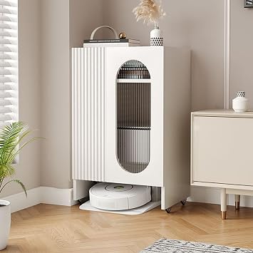 Robot Vacuum Hidden Cabinet with Wheels, Portable Robot Night Stand, Hidden Cabinet for Sweeping Robots, Side Table for Living Room, Home OfficeWhite