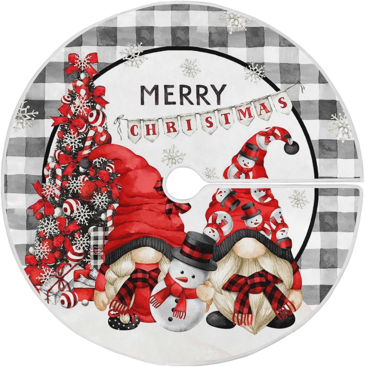 Cute Gnomes Christmas Tree Skirt Decorations Winter Snowman Snowflake Buffalo Plaid Xmas Tree Mat 36 inch for Holiday Party Supplies Rustic Ornaments Mini Tree Skirt