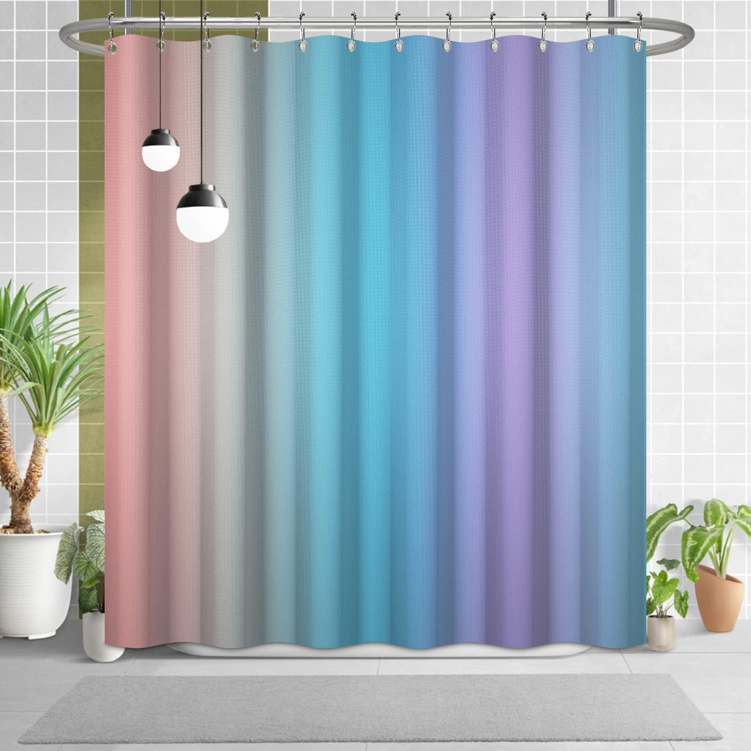 Rainbow Waffle Shower Curtain for Bathroom Decoration Gradient Pink Blue Purple Bathtub Curtain for Girls Heavyweight Polyester Fabric Shower Curtains with Stainless Still Hooks 72x72 inches