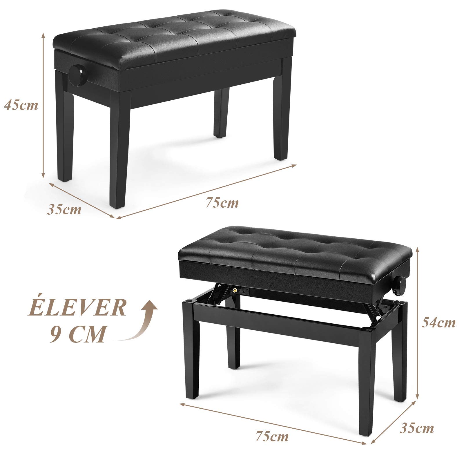 GOPLUS 45-54CM Banquette de Piano à Hauteur réglable, 2 Places, en Bois Massif, avec Coussin Doux en Cuir, Fonction de Stockage, 75 X 35 X 45-54CM, Noir