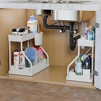 2pcs Under Sink Organizer with Sliding Shelves Multi-Purpose Black Plastic Storage Basket for Bathroom And Kitchen Cabinet Durable Metal Construction Bathroom Organizer Whtie