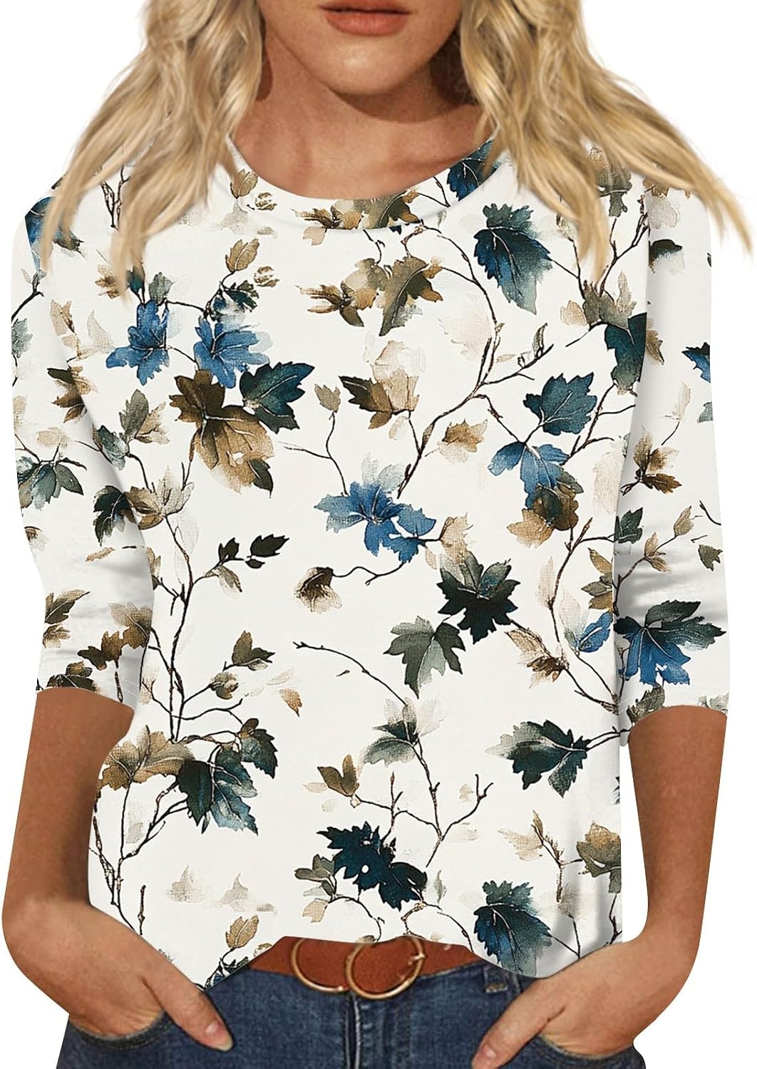 3/4 Length Sleeve Womens Tops Dressy Casual Round Neck Floral Shirts Three Quarter Sleeve T Shirt Soft Cozy Blouses