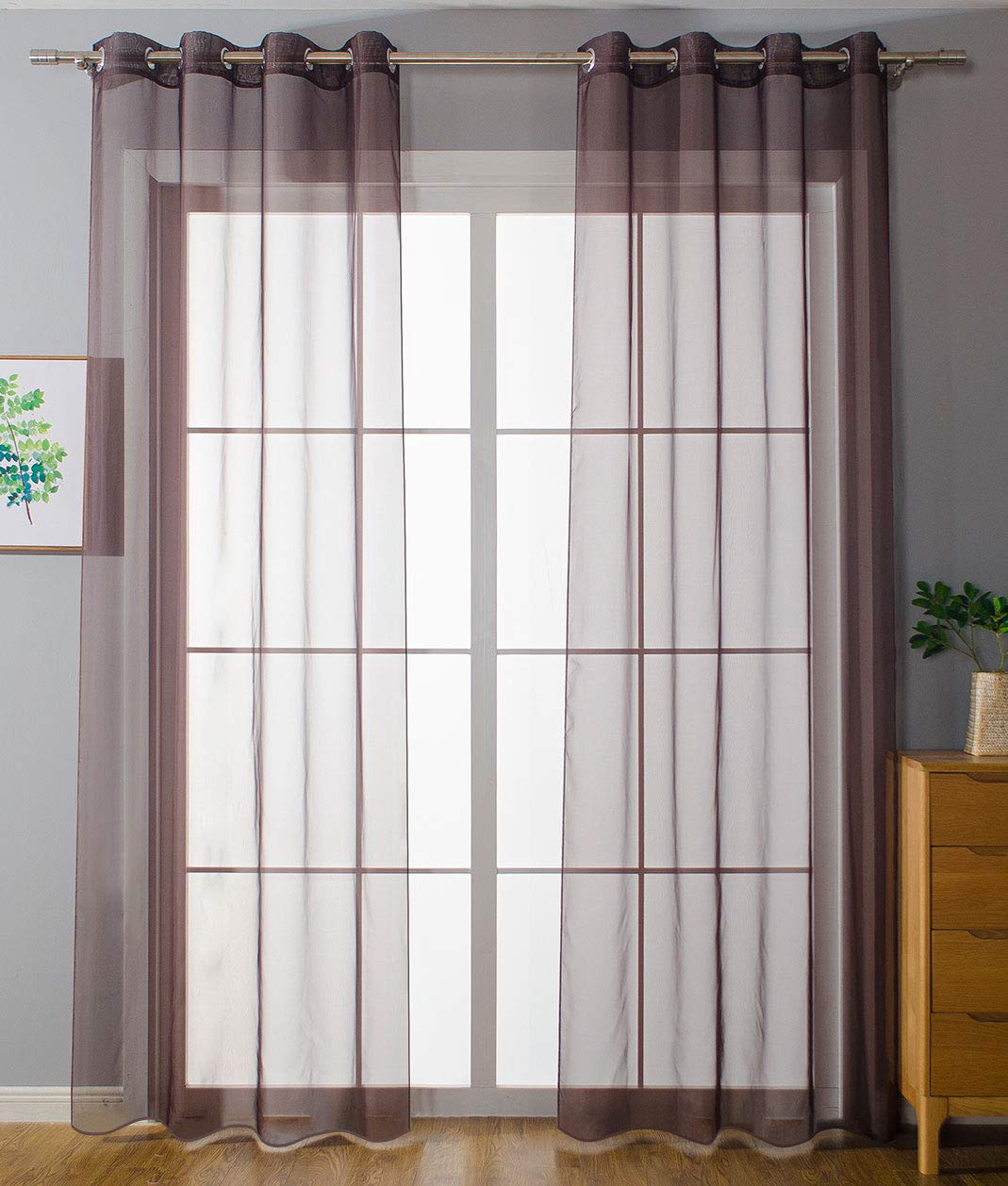 Gardinenbox Pack of 2 Eyelet Curtains Transparent Curtain Set Living Room Voile Eyelet Curtain Lead Tape Closure Brown HxW 145 x 140 cm