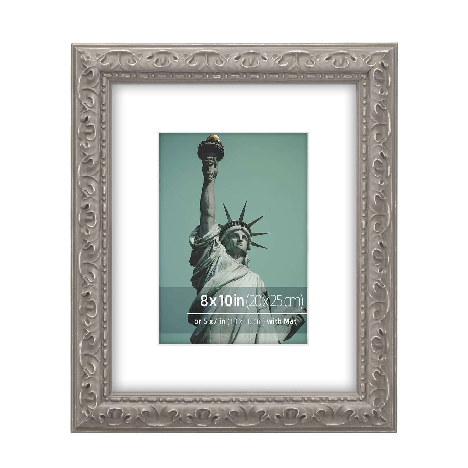 Eitida Grey Vintage Picture Frame, Distressed Wood With Embossed Scroll Design, 8X10 Inch With 5X7 Mat, Wall Mount Or Desktop Display, Beige Ornate Style