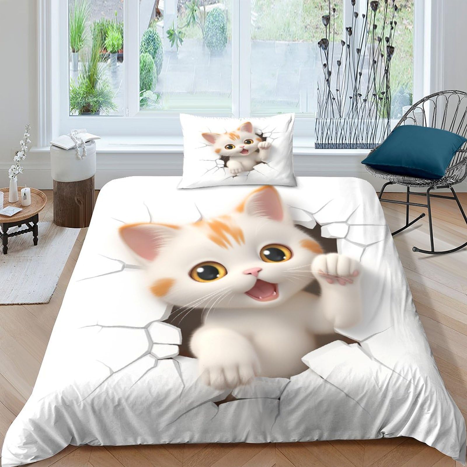 Housse de couette chat mignon 3D parure de lit zippée anti-glissement pour enfants