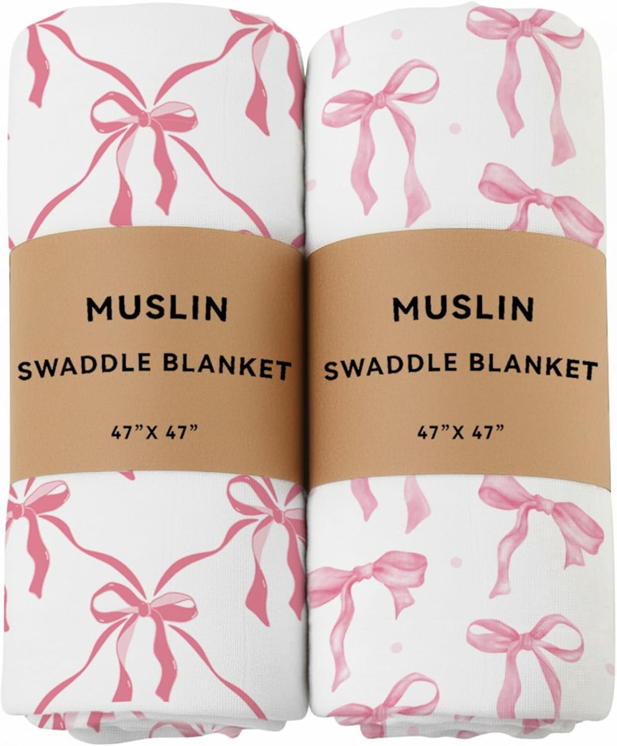 2 Pack Pink Bow Muslin Swaddle Blankets 70% Bambo 30% Cotton Breathable Receiving Blankets Newborn Essentials for Baby Girl Soft and Large 47 x 47 Inches (Bow)