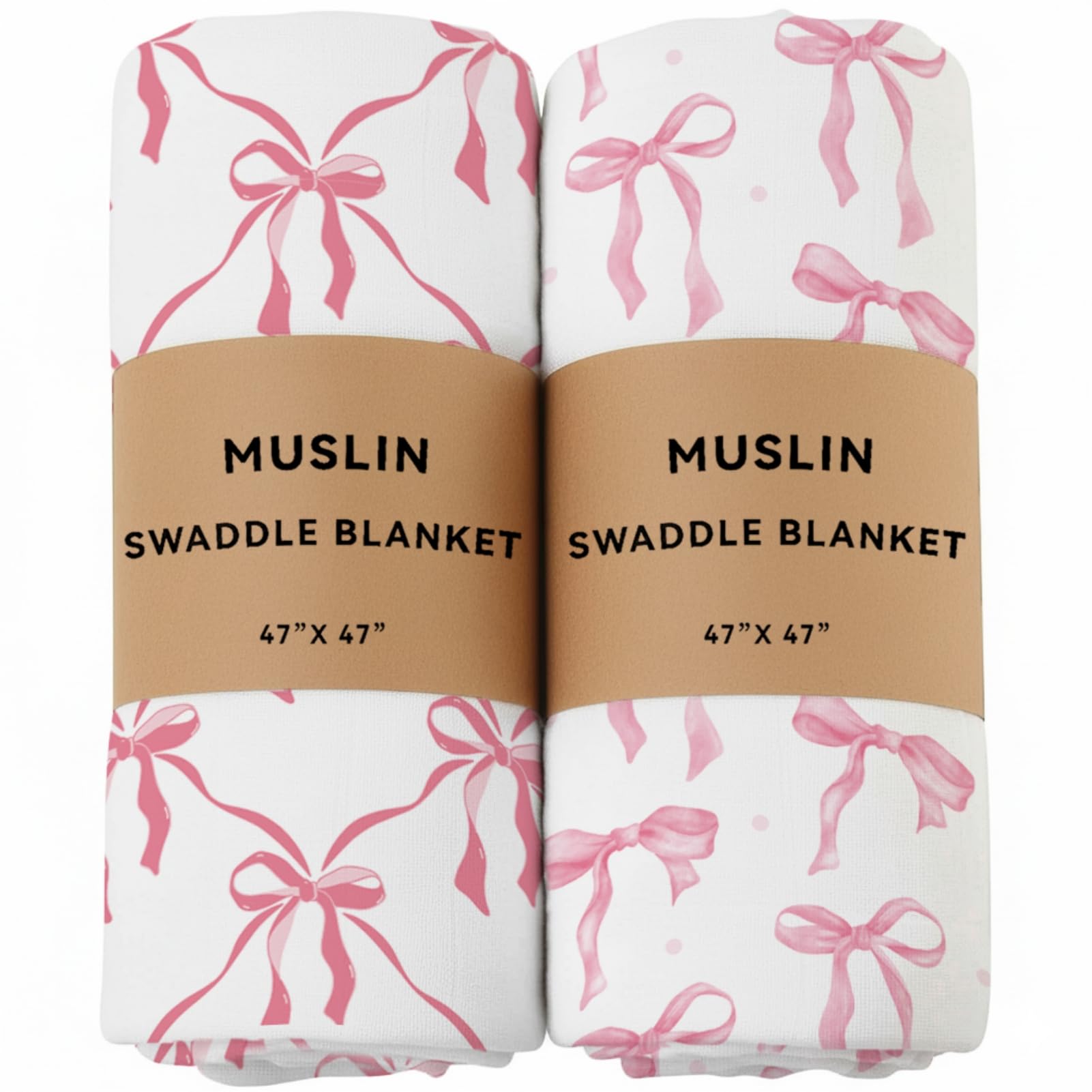 Photo 1 of 2 Pack Pink Bow Muslin Swaddle Blankets 70% Bambo 30% Cotton Breathable Receiving Blankets Newborn Essentials for Baby Girl Soft and Large 47 x 47 Inches (Bow)