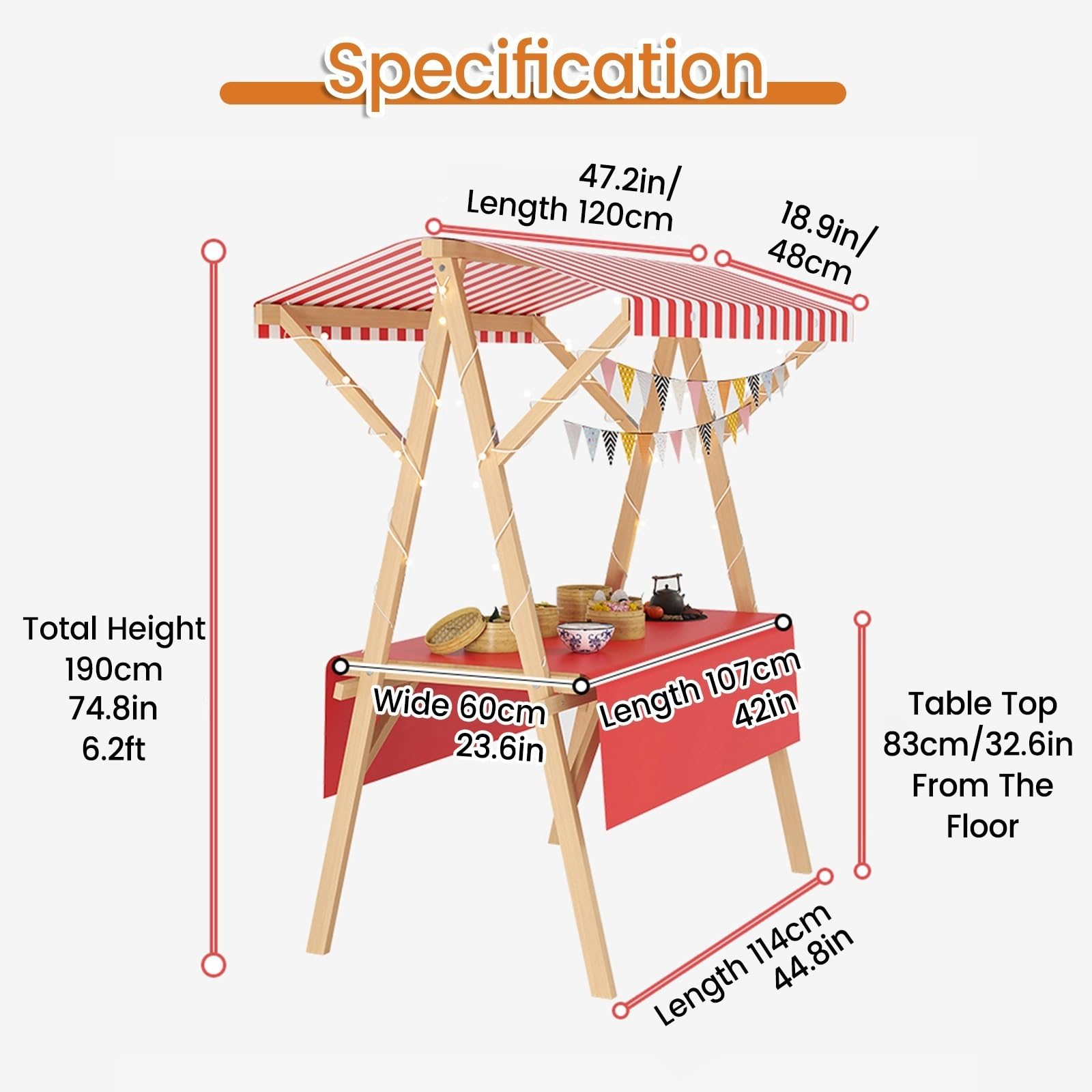 Carrello portatile per alimenti con tettoia, resistente supporto mobile con ruote, espositore commerciale in legno per la vendita di snack e dolci