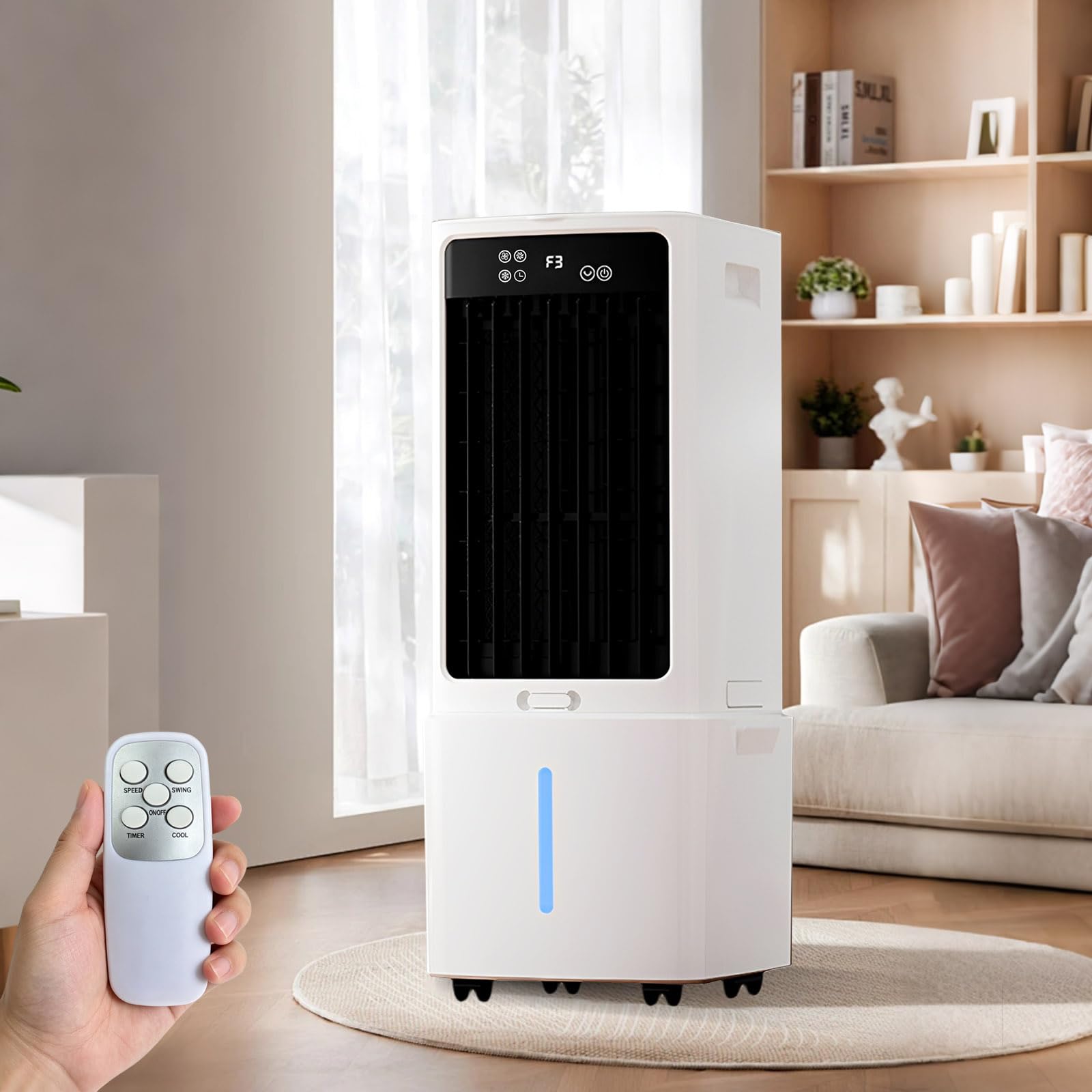 Aparato Refrescante 12L Sin Instalación, Mando a Distancia, 800 m³/h Humidificador, Temporizador 12H, Oscilación 90°