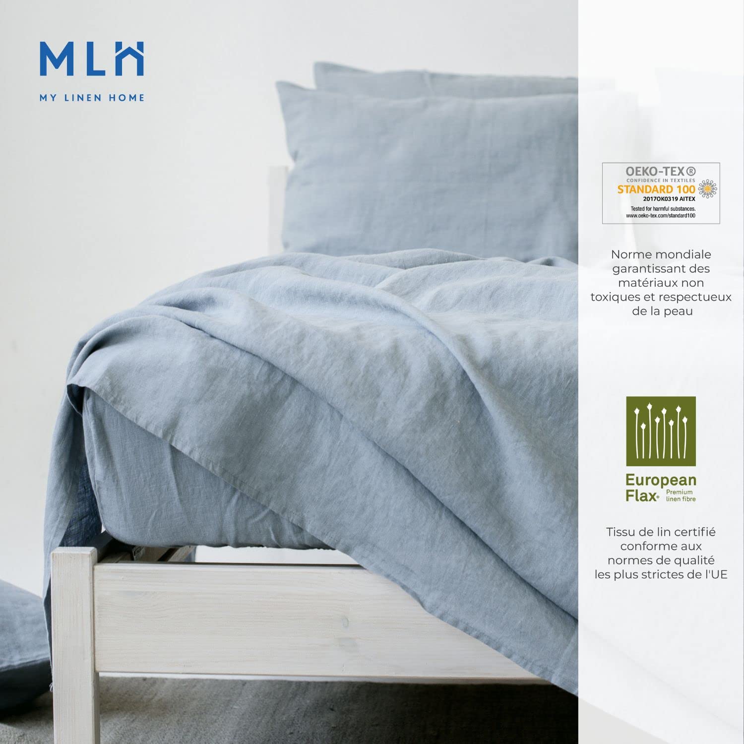 Drap-Housse 100% Lin Lavé en Gris Bleu 160x200x20cm I Ourlet élastique continu I Hypoallergénique, thermorégulation I Doux Souple pour Les Peaux Les Plus sensibles I Convient à Toutes Les Saisons