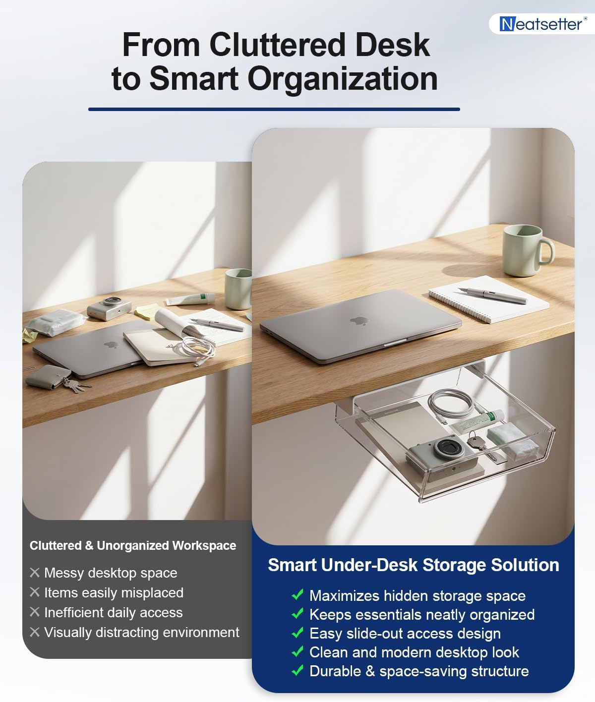 Clear Storage Drawer – 25° Tilted Front, Self-Adhesive Organizer for Bathroom, Kitchen & Office (Large)