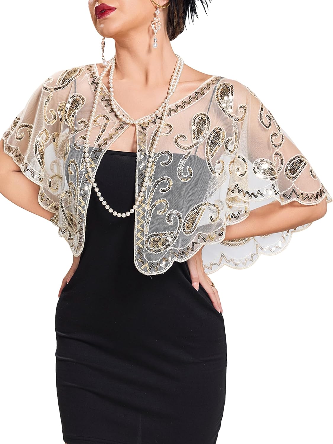1920s Shawl Wraps Sequin Beaded Evening Cape Bridal Shawl Bolero Flapper Cover Up