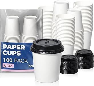 Fit Meal Prep 100 Pack 6 oz Disposable Coffee Cups with Lids, Premium To Go Paper Cups, Leak Proof Hot Coffee Cups with Lids for Travel, Office, Hot/Cold Beverages (Black Lids)