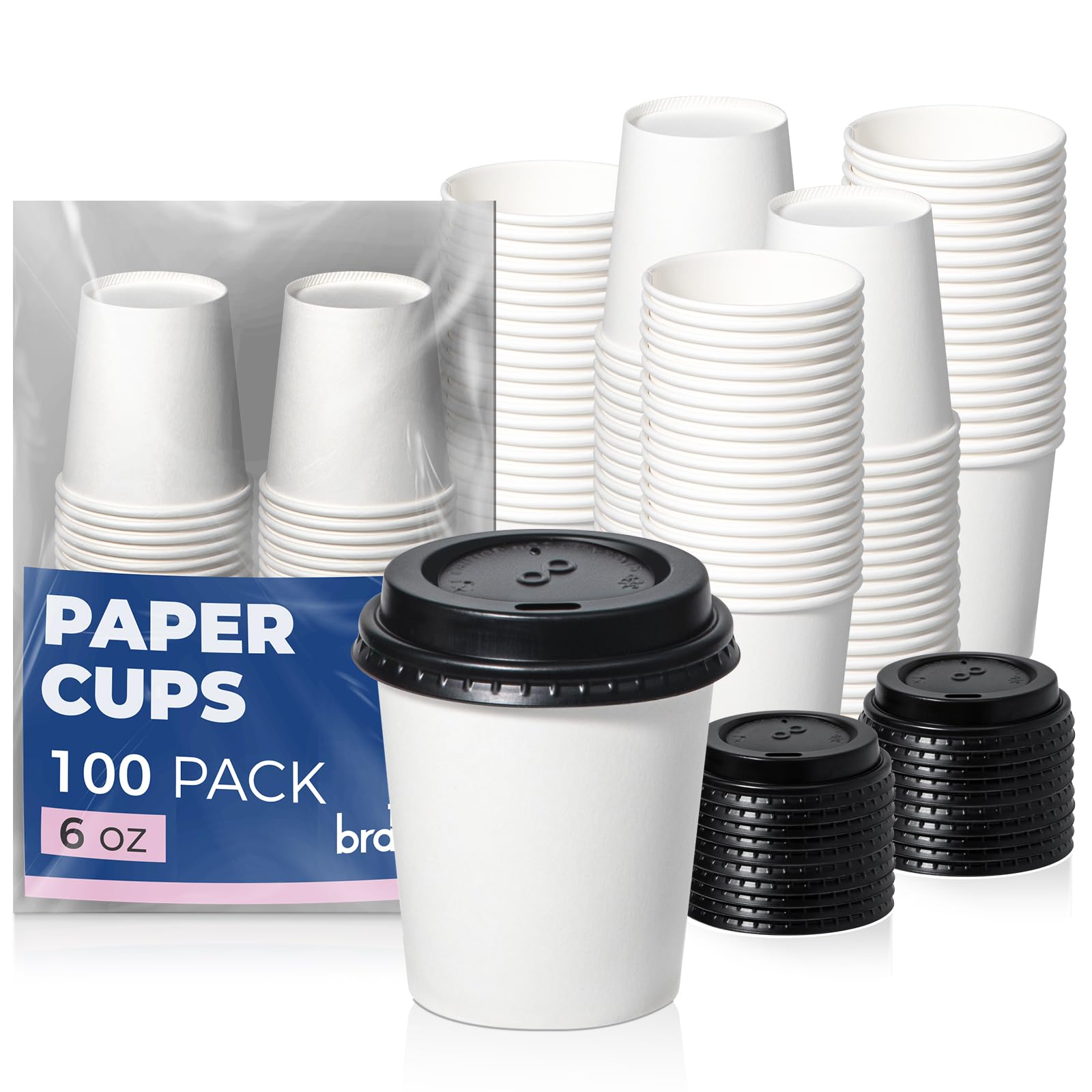 Fit Meal Prep 100 Pack 6 oz Disposable Coffee Cups with Lids, Premium To Go Paper Cups, Leak Proof Hot Coffee Cups with Lids for Travel, Office, Hot/Cold Beverages (Black Lids)