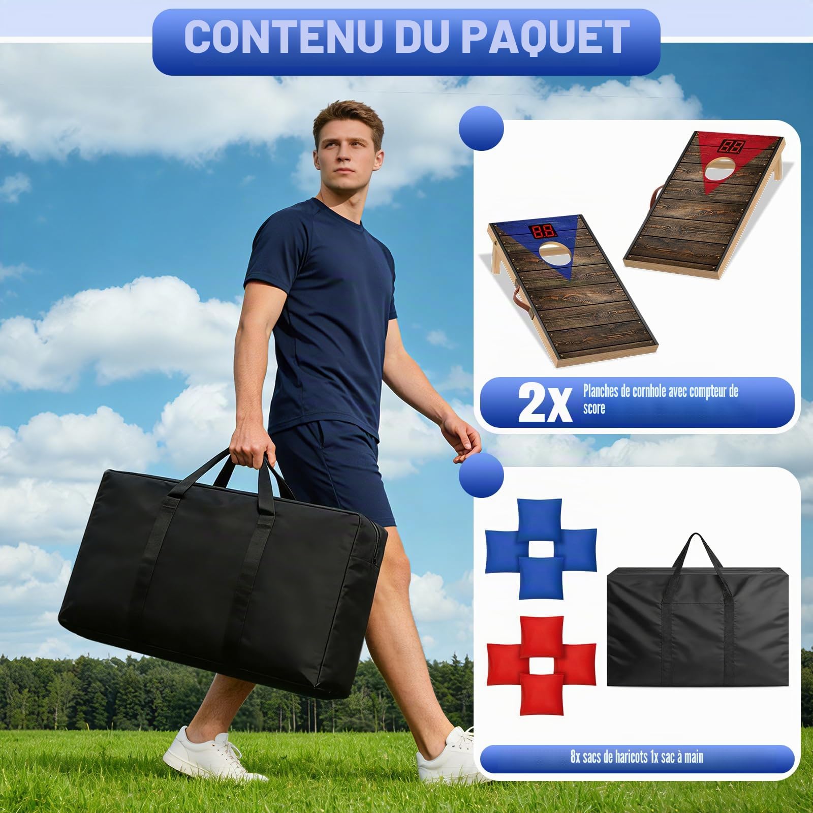 NZQXJXZ Jeu de Cornhole Amélioré avec Compteur de Points Automatique | 60 x 35 cm/90 x 55 cm Planches à Trous de Maïs de Qualité Supérieure en Bois Massif avec 8 Poufs et Un Sac de Transport