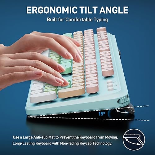 Miniatura 7 de Teclado y mouse inalámbricos, tapa redonda estilo máquina de escribir retro de 2.4 GHz, combo de teclado inalámbrico de tamaño completo, bonito