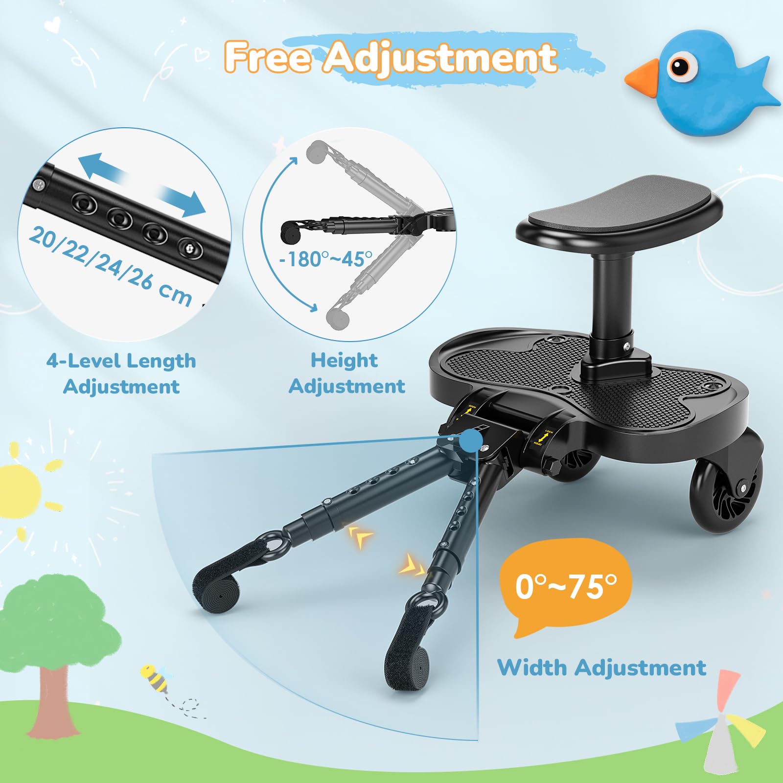 Buggy Board mit Größerem Sitz, Trittbrett für Kinderwagen Universal für Kinder von 2-6 Jahren(25KG), passt auf 99% aller Kinderwagen, einfache Installation, für Familien mit zwei Kindern