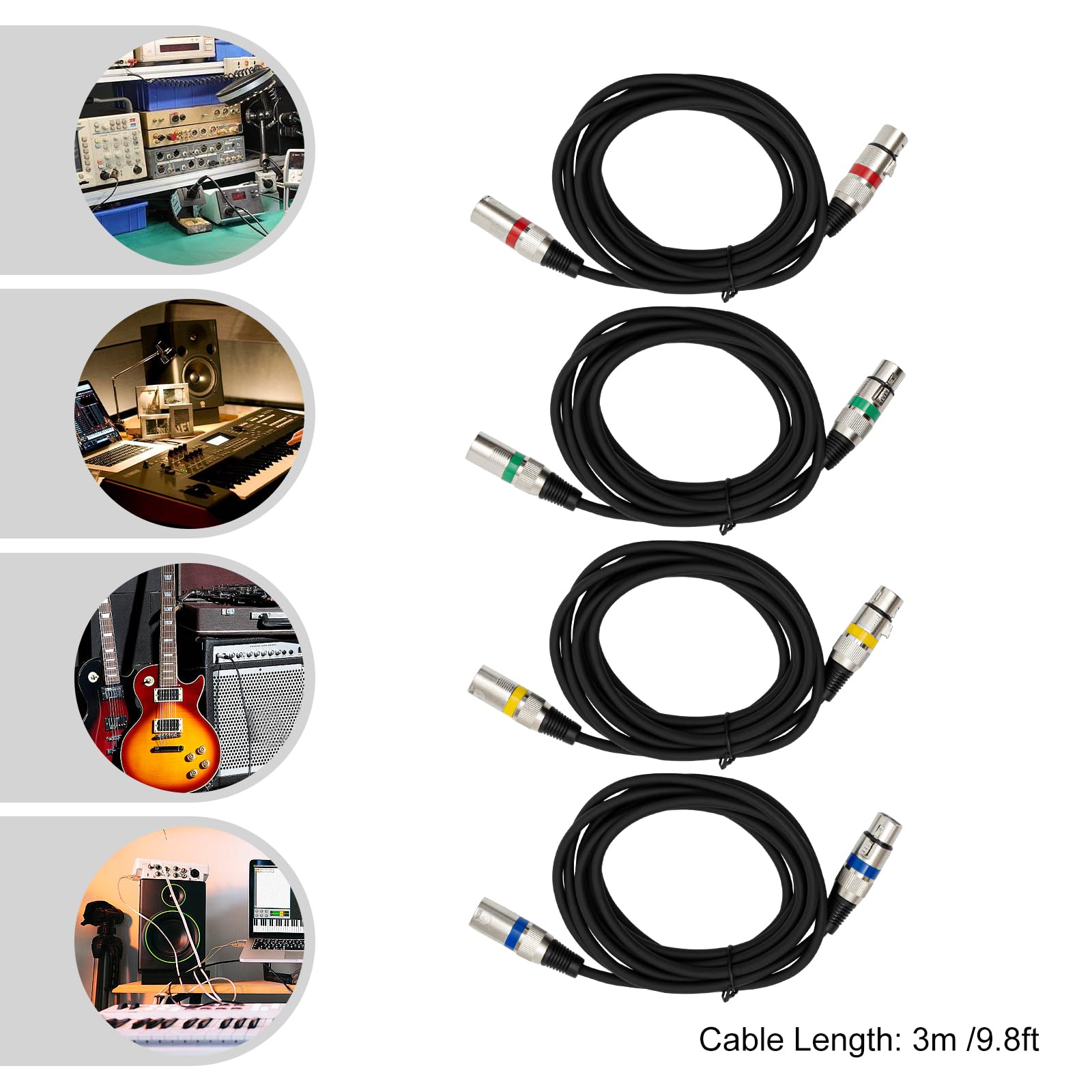 Zestaw 4 kabli Dmx 3 m, 3 piny, XLR, 3-biegunowy kabel połączeniowy Dmx, kabel sygnałowy Dmx, przyłącze sygnałowe, armata do sterowania światłem DMX, reflektor sceniczny, kolor czarny