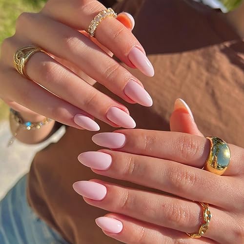 24 piezas de uñas postizas de color rosa a presión, uñas postizas medianas con diseño de almendra RIICFDD con diseños de color sólido, brillante,