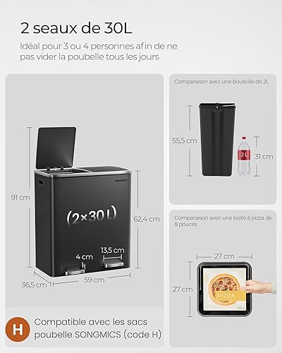 SONGMICS Poubelle Cuisine Tri Sélectif 2 x 30L, 2 Seaux en Plasatique, avec 15 Sacs Poubelles, Pédales en Métal, Couvercles, Poignées, Fermeture en Douceur, Hermétique, Noir LTB60BK - 5
