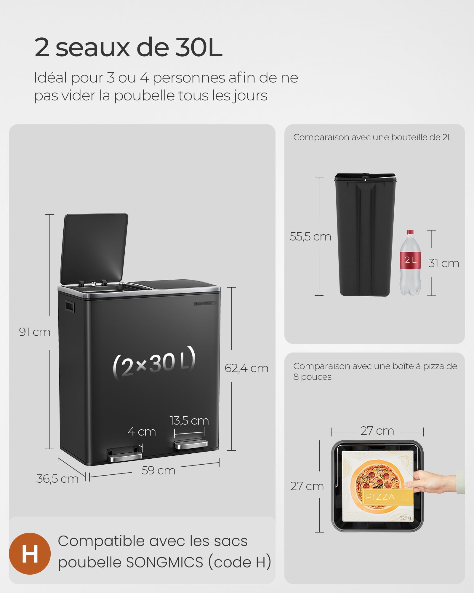 SONGMICS Poubelle Cuisine Tri Sélectif 2 x 30L, 2 Seaux en Plasatique, avec 15 Sacs Poubelles, Pédales en Métal, Couvercles, Poignées, Fermeture en Douceur, Hermétique, Noir LTB60BK