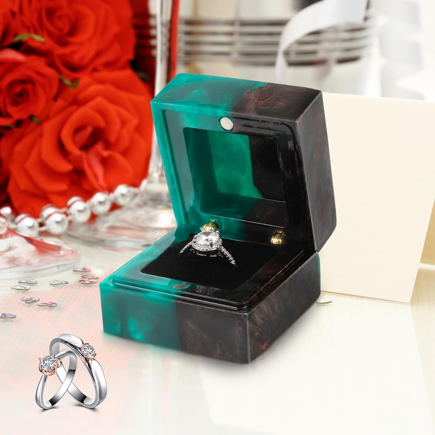 Wedding Ring Box, Engagement Ring Box with Single Slot Handcrafted Stabilized Wood and Resin Jewelry Box for Proposal Wedding Ceremony, Jewelry Organizer Elegant and Retro Ring Holder Box(Green)
