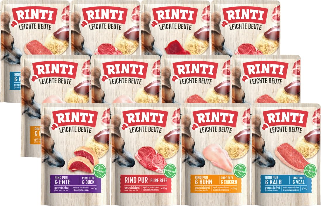 Rinti Leichte Beute Mixpaket 12 x 400g | Garantierter 4 Sorten-Mix | Getreidefreies Hundefutter | Wenig Fett | Ohne Soja & Zusatzstoffe
