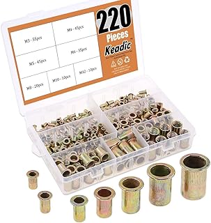 Keadic 220Pcs Metric Zinc Plated Carbon Steel Rivet Nut Flat Head Threaded Insert Nutsert Assortment Kit - 7 Sizes：M3 M4 M5 M6 M8 M10 M12