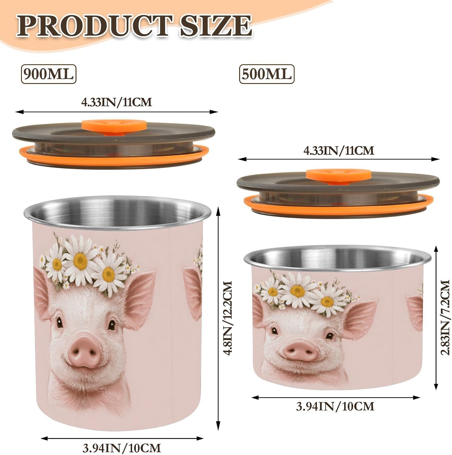 Stainless Steel Coffee Storage Containers with Airtight Lid, Cute Pig Daisy Flowers 30oz Food Storage Container Kitchen Canister for Tea, Coffee Beans, Ground, Sugar Storage