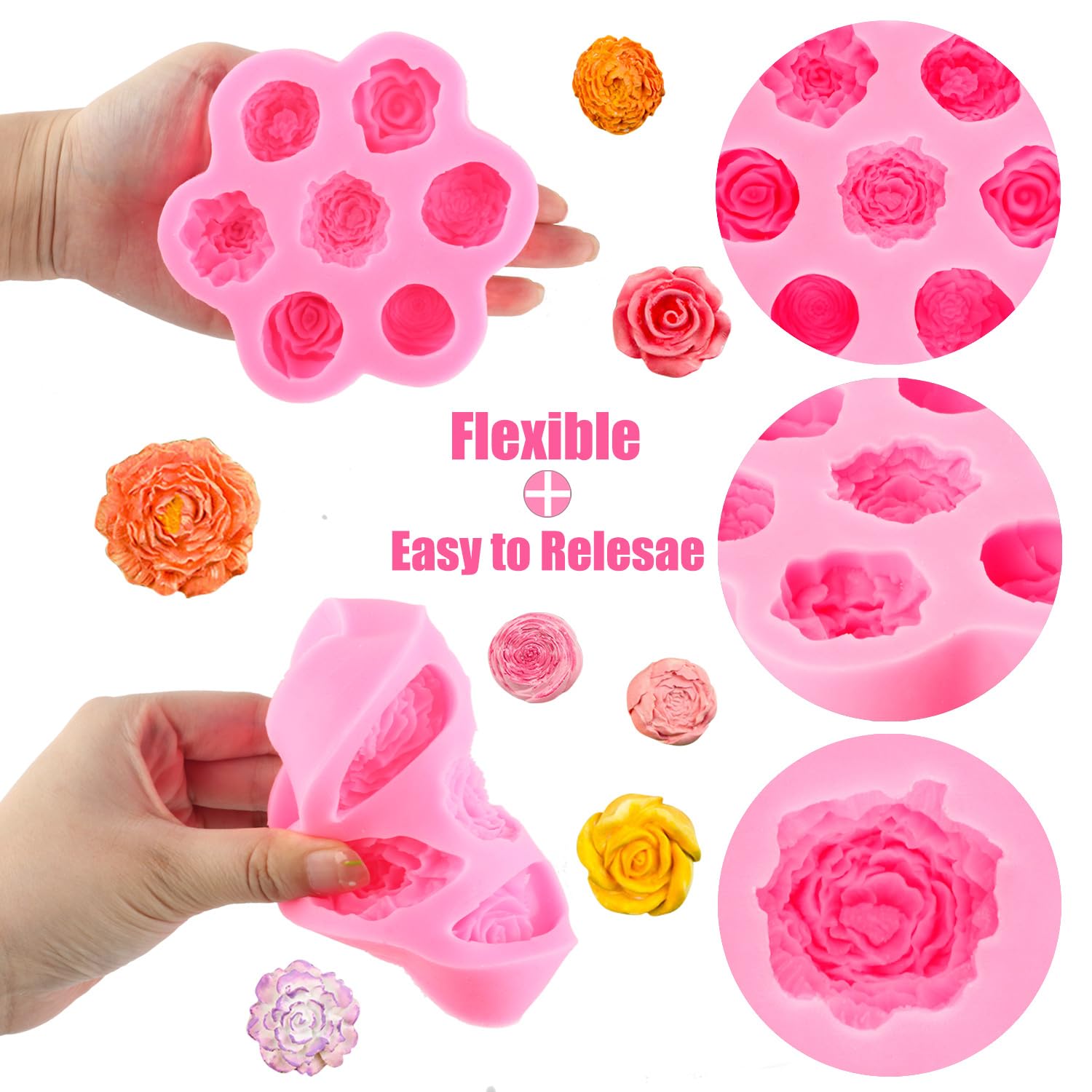 ZiXiang Moldes de silicona con diseño de rosas y flores de peonía, fondant, chocolate, para decoración de pasteles, cupcakes, pasta de goma, caramelo, arcilla polimérica, juego de 1