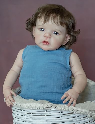 Miniatura 3 de iCradle Adorable muñeca de bebé Reborn de 24 pulgadas, traje azul con cabello castaño rizado, material de vinilo de silicona, muñeca de cuerpo de