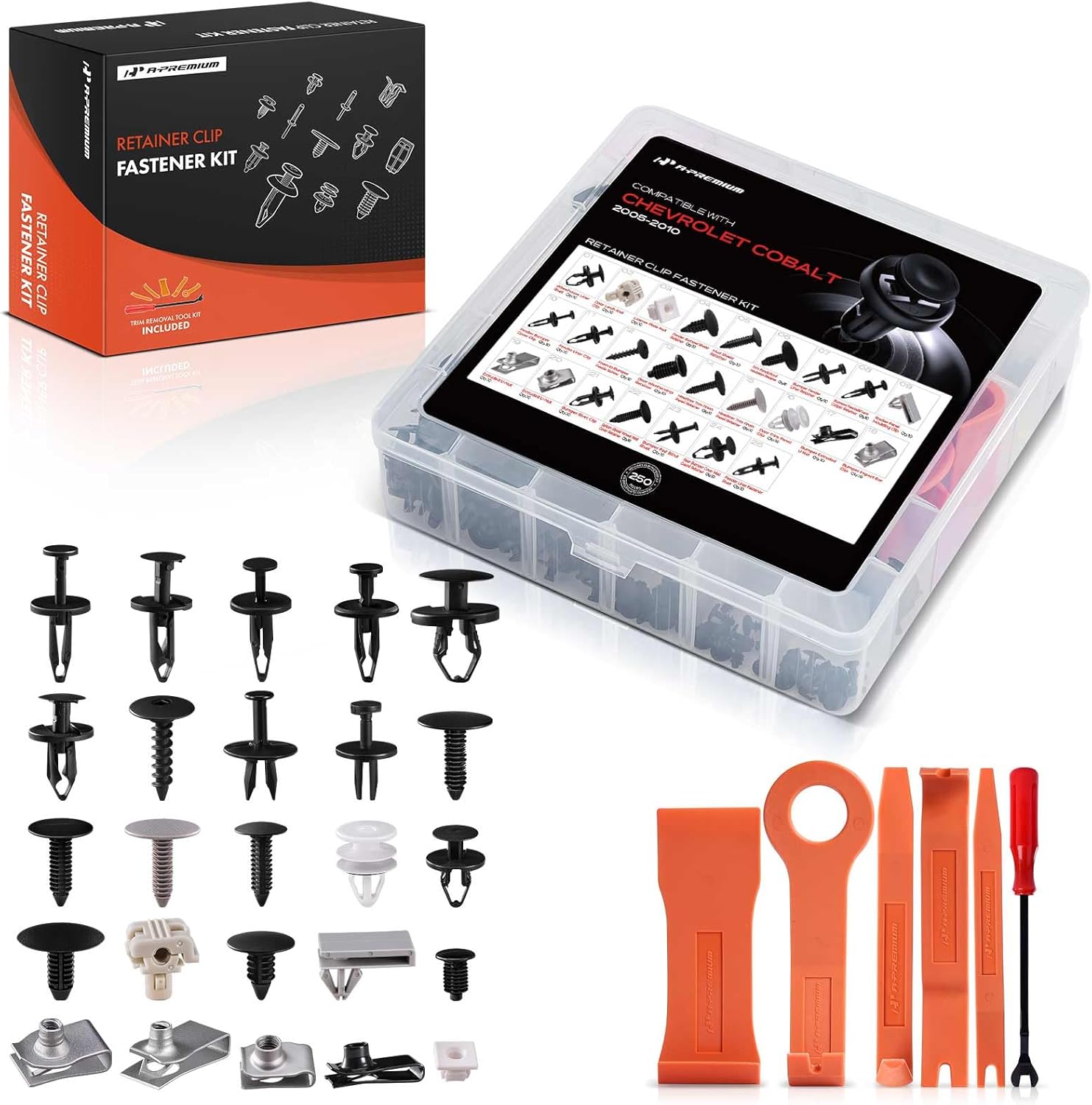 A-Premium 250PCS (53.92 oz/25 Sizes) Bumper Retainer Clips w/Removal Tool Compatible with Chevrolet Cobalt 2005-2010 Fender Liner Fasteners Assortment Hood Mud Shield Clips Door Trim Push Pin Rivets