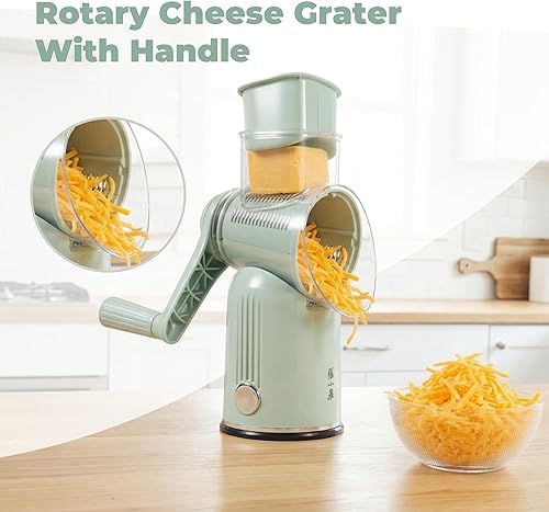 Miniatura 2 de Rallador de queso giratorio con manivela manual de 5 en 1 con cuchillas intercambiables y base de succión fuerte para verduras, triturador manual y
