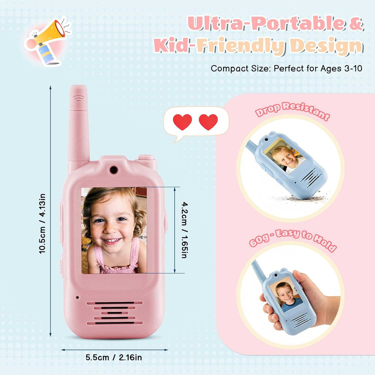 Video Walkie Talkies for Kids, 2.0" Screen Toys with Camera, 5 Voice Changer Modes, Long Range Rechargeable Video Call Toys for 3-12 Year Old Boys Girls Birthday (Blue/Pink)