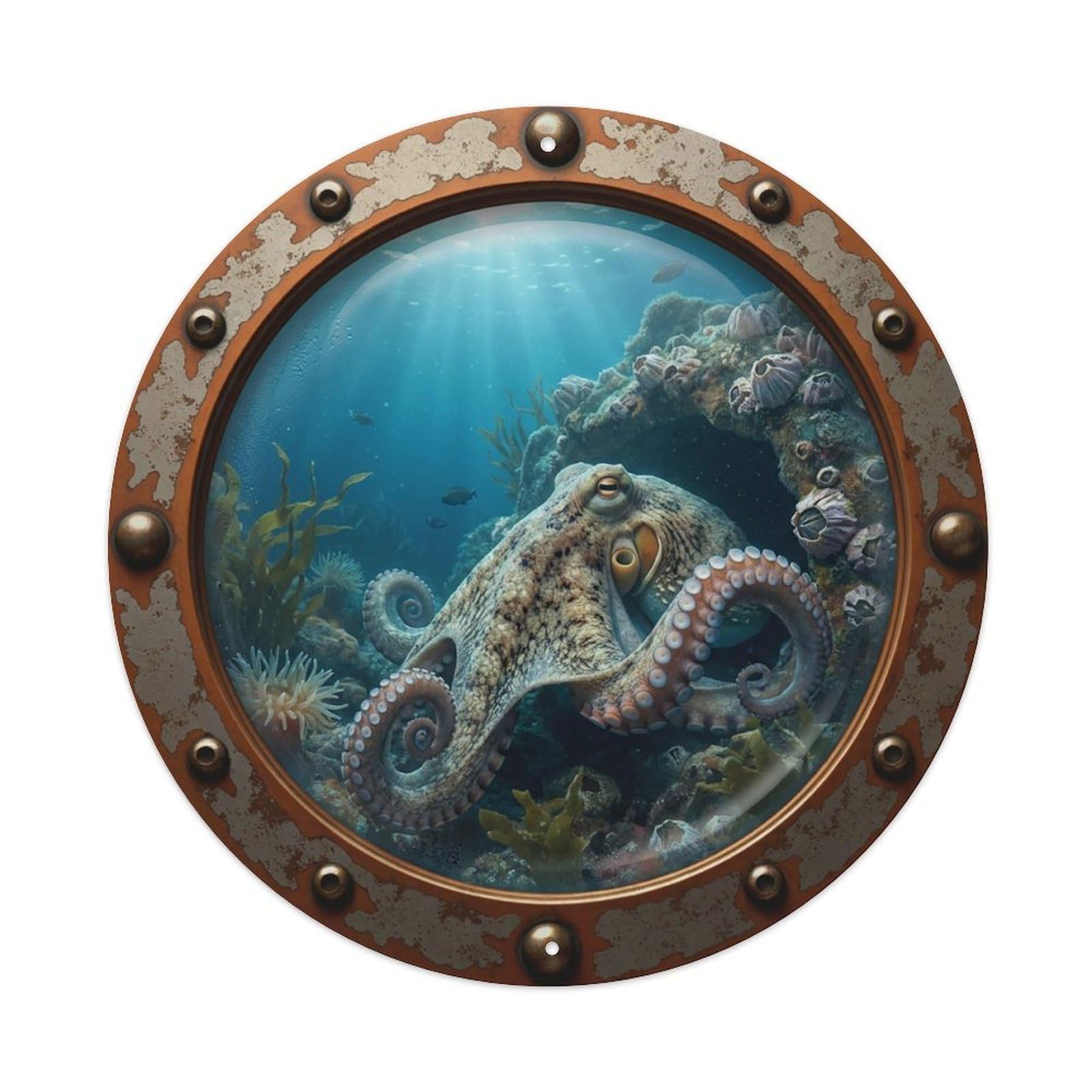 Gead 8X8inch Style Vintage Porthole Octopus Den Nautical Window View Metal Tin Sign