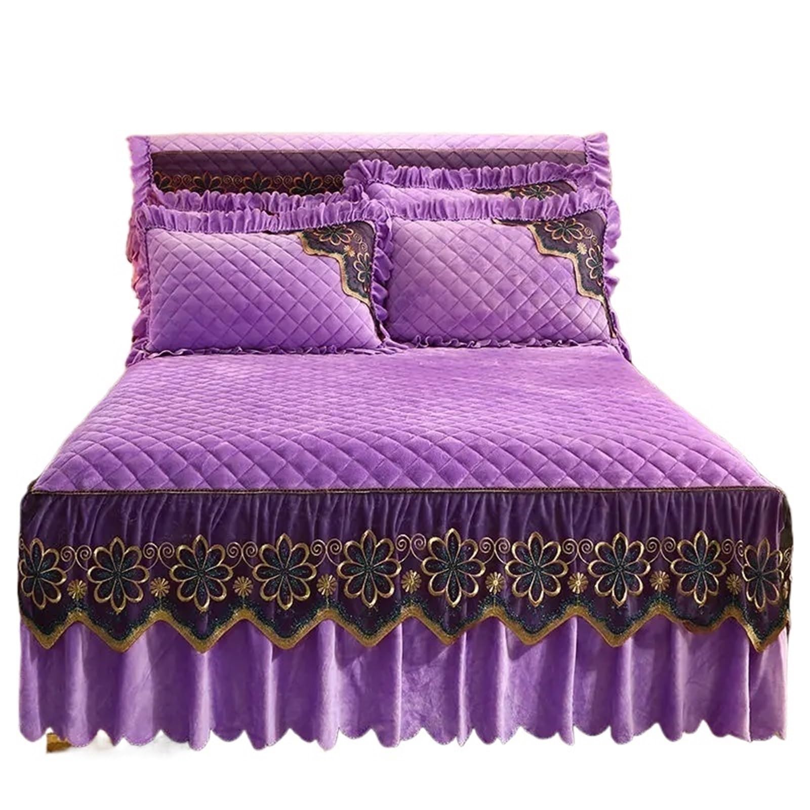 Quilted Bed Skirt Winter Warm Thicken Velvet Bedspread King Good Hand Feeling Not Included Pillowcase(Purple,1pc Skirt 180x200cm)