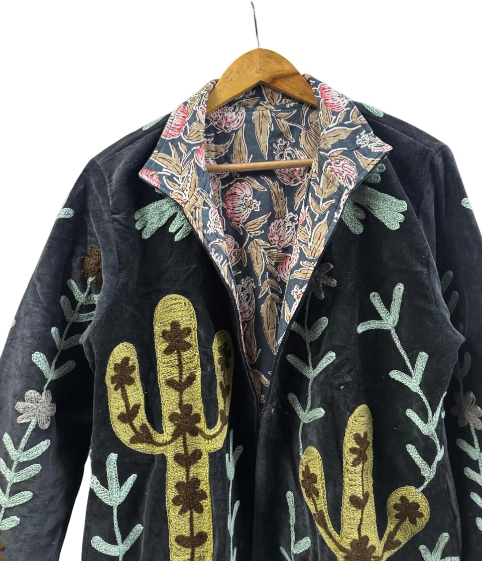 Embroidered Velvet Jacket, Black, Cactus and Floral Design, Long Sleeve, Reversible Collar