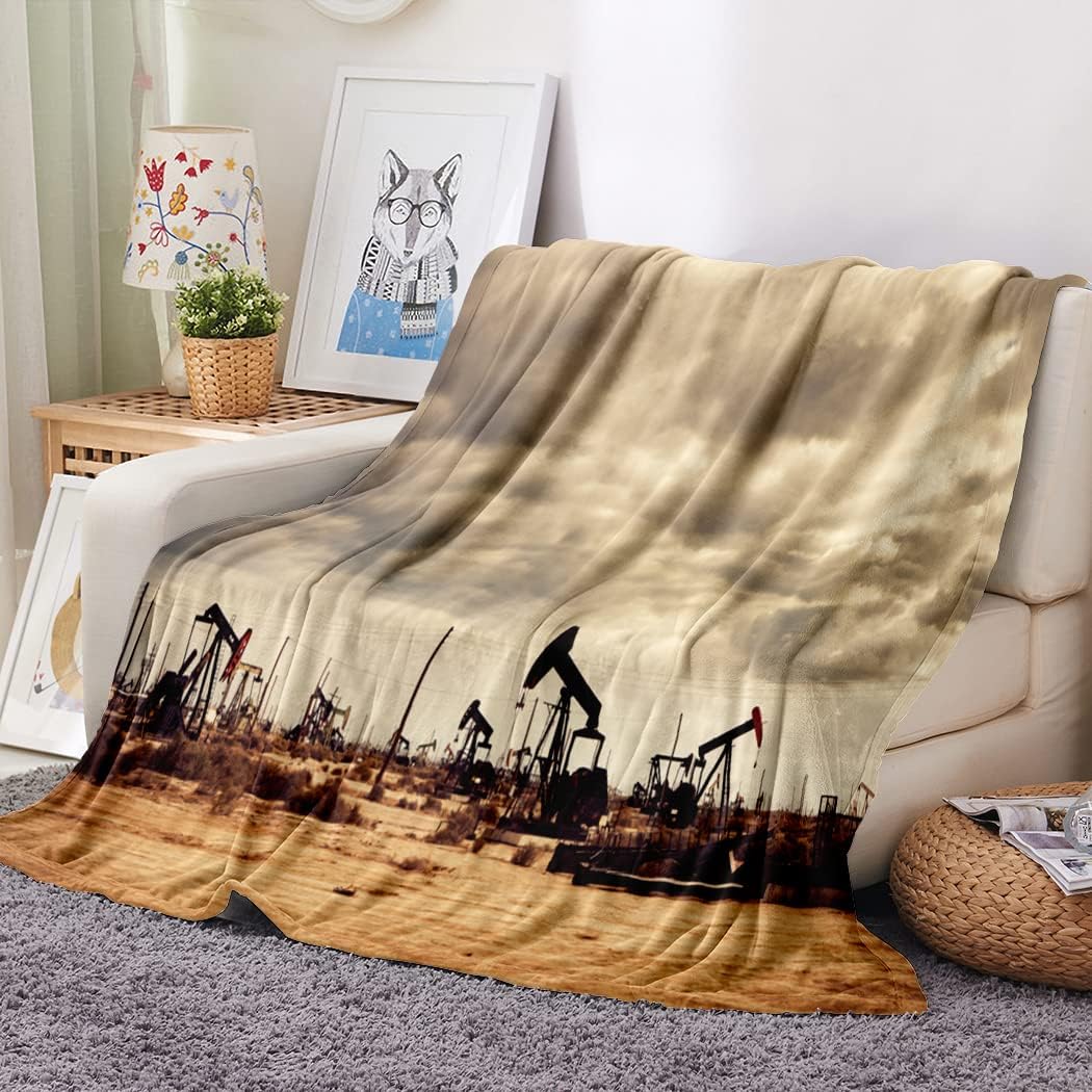 Sand Sky Flannel Throw Blanket Oil Field in Desert Well Rig Drill Warm Lightweight Cozy Blanket for Bedroom Living Rooms Sofa Couch 60x80 Inch