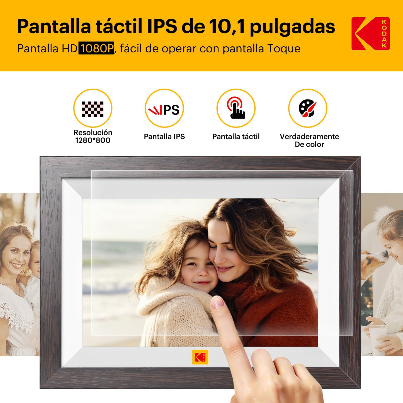 KODAK Marco de Fotos Digital WiFi 10.1 Pulgadas, Memoria Incorporada 32GB, Pantalla Táctil para HD 1280x800 IPS, Soporte Multilingüe, Rotación Automática, Compartir Instantáneamente Fotos y Videos