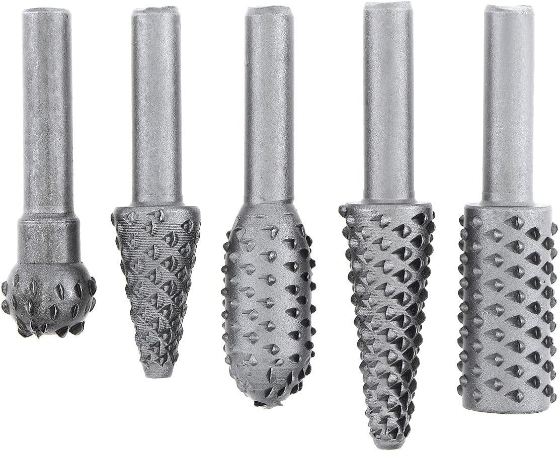 ChgImposs 5Pcs Rotary Burr Rasp Set, 1/4 Inch Hex Shank Rotary Burr Rasp File Set, Wood Carving Drill Bits Carbon DIY Woodworking Tool for Wood Polishing Deburring Shaping Grooving