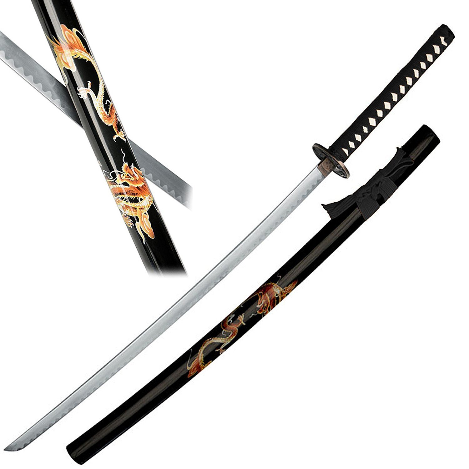 Katana Ornamentale Giapponese – Lama In Acciaio 440, Fodero In Seta Nera Con Decori Oro E Argento, Per Esposizione