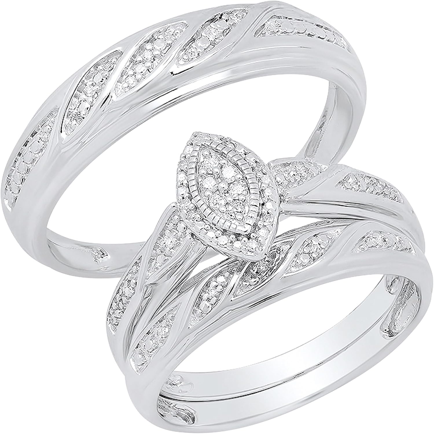 Dazzlingrock Collection 0.12 Ctw Round White Natural Diamond Marquise Framed Wedding Trio Ring Set in 925 Sterling Silver