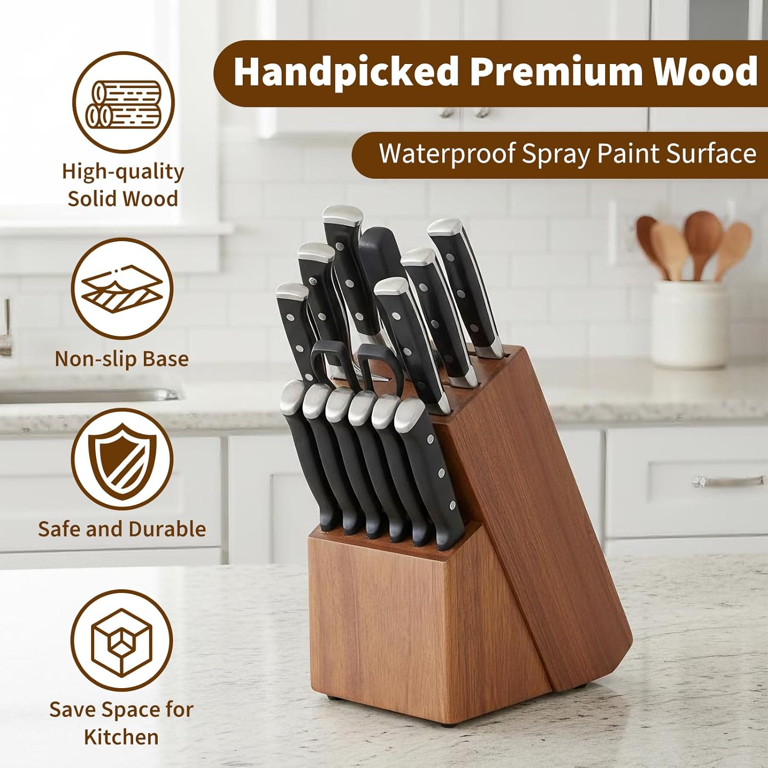 14-Slot Knife Block Compatible with Cuisinart,Rubberwood Block Knife Storage Organizer for Kitchen,Anti-Slip And Drainage Base
