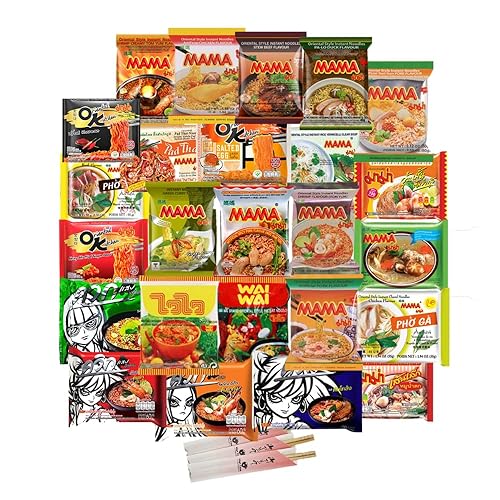HCG Thai Ramen Noodles Variety Pack with Mama Soup and Wai Wai Quick Instant Noodle, Pack of 15 with chopsticks, 18 Piece Set