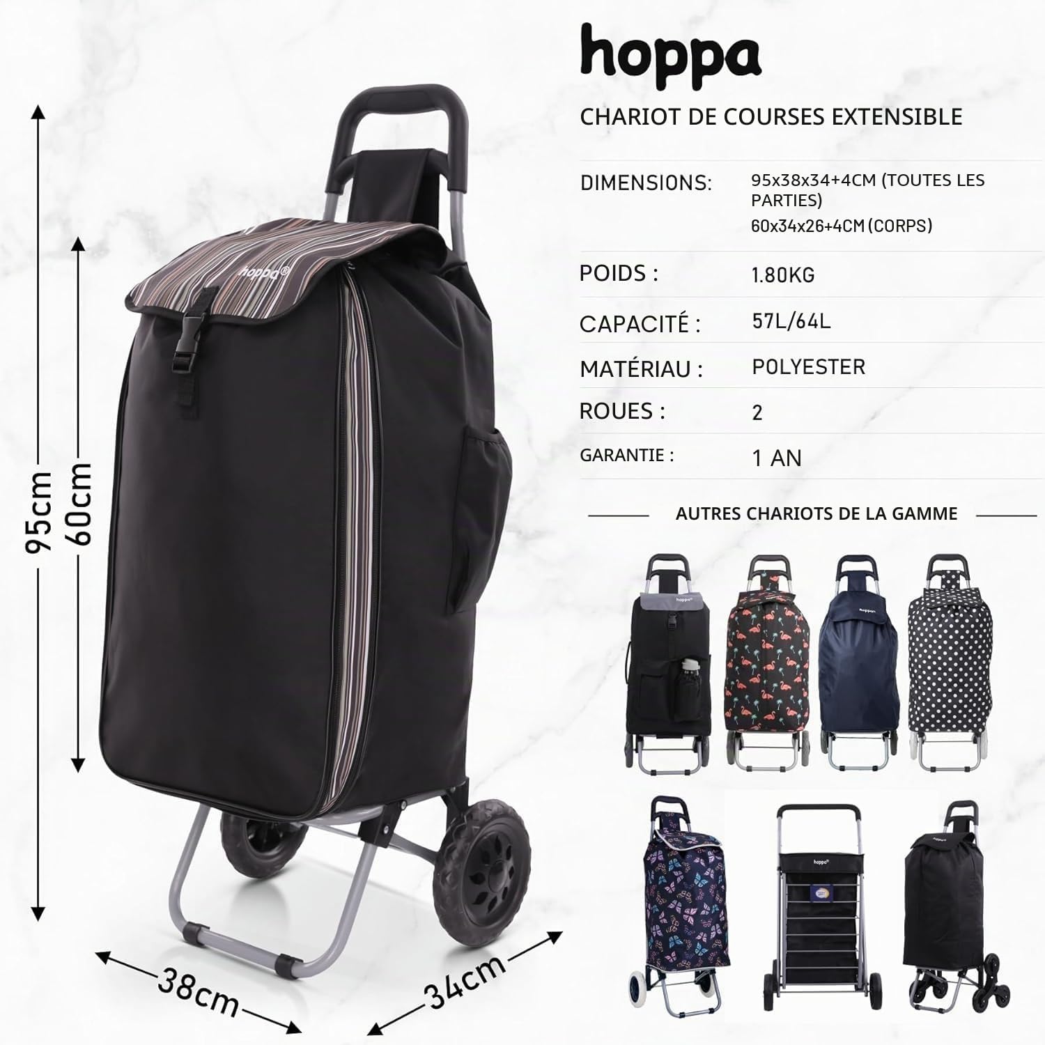 Hoppa 57-64L Chariot à roulettes Extensible avec 2 Roues à clic on/Off - Chariot de Courses Pliable et résistant - Poussette de marché légère et imperméable avec Plusieurs Poches - Noir