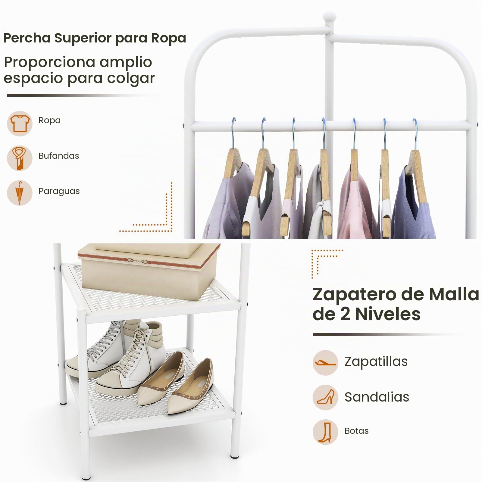HOMASIS Perchero de Pie de Metal Resistente,3 en 1 Perchero de Esquina con Colgador Ropa y Zapatero y Estantes, para Pasillo, Salón, Dormitorio (Blanco)