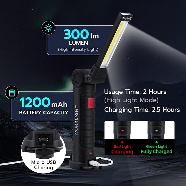 Tolesum 2 Pezzi Torcia Magnetica Ricaricabile,Usb Cob Lampade Di Ispezione,Portatile Con Gancio Appeso, Torcia 5 Modalità Lanterne Per Campeggio Esterna Autofficina Lampada,Riparazione Auto Emergenza - 5